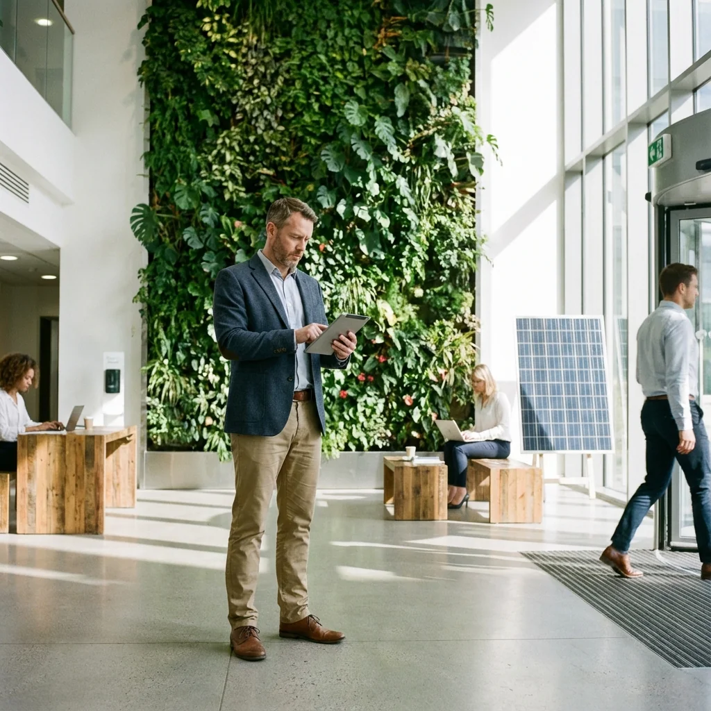 Facility Manager supervisant les opérations sur tablette