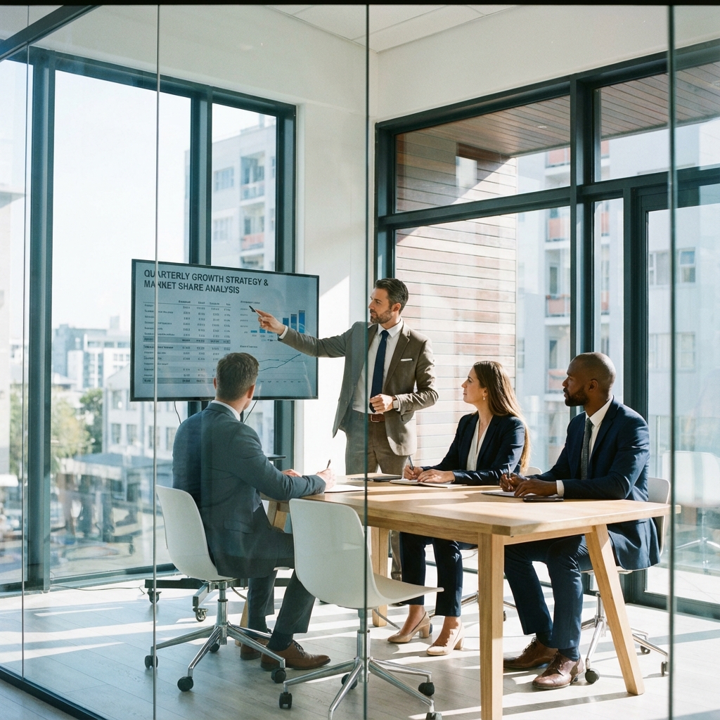 Réunion client B2B en salle de conférence